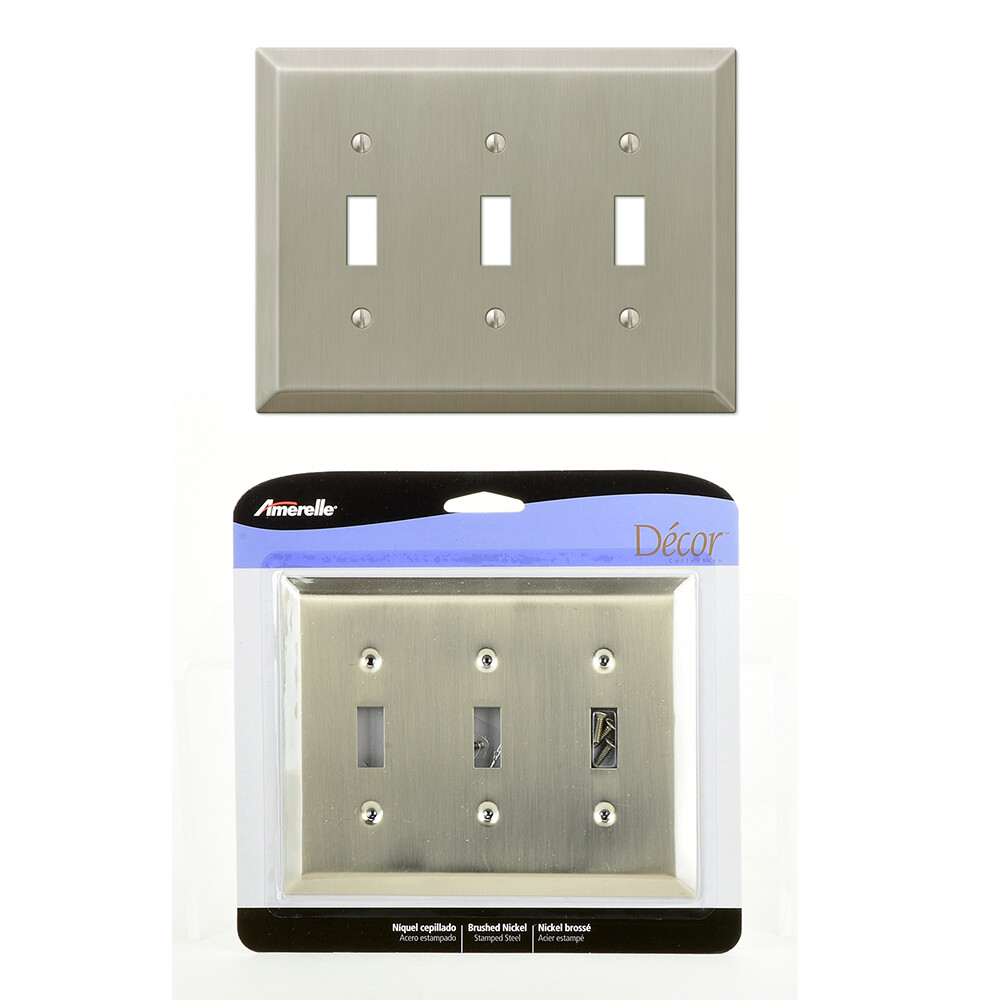 Triple 3 Toggle Outlet Switch Wall Plate Cover Century Brushed Nickel Steel Lot gallery