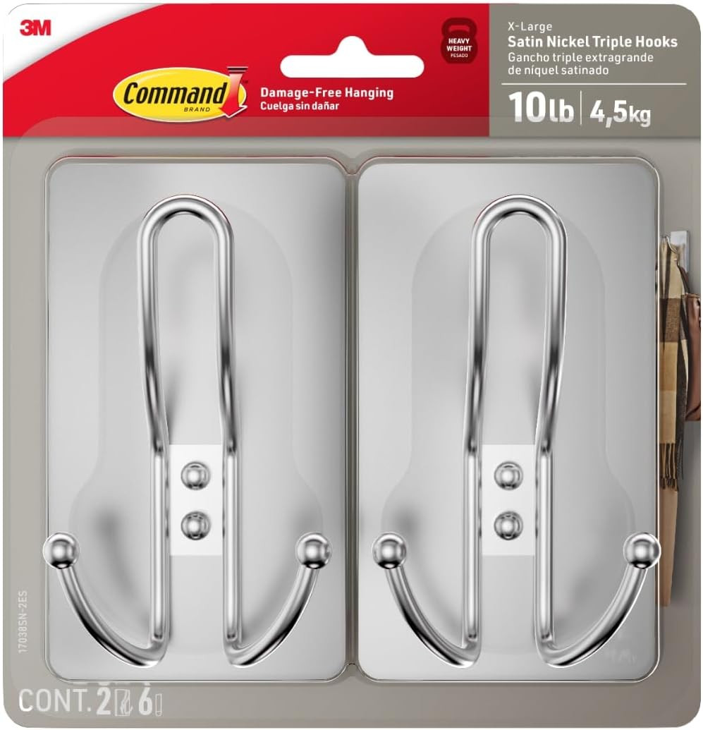 Command X-Large Satin Nickel Triple Hook, 2 Hooks, 6 Strips, Damage-Free Hanging gallery