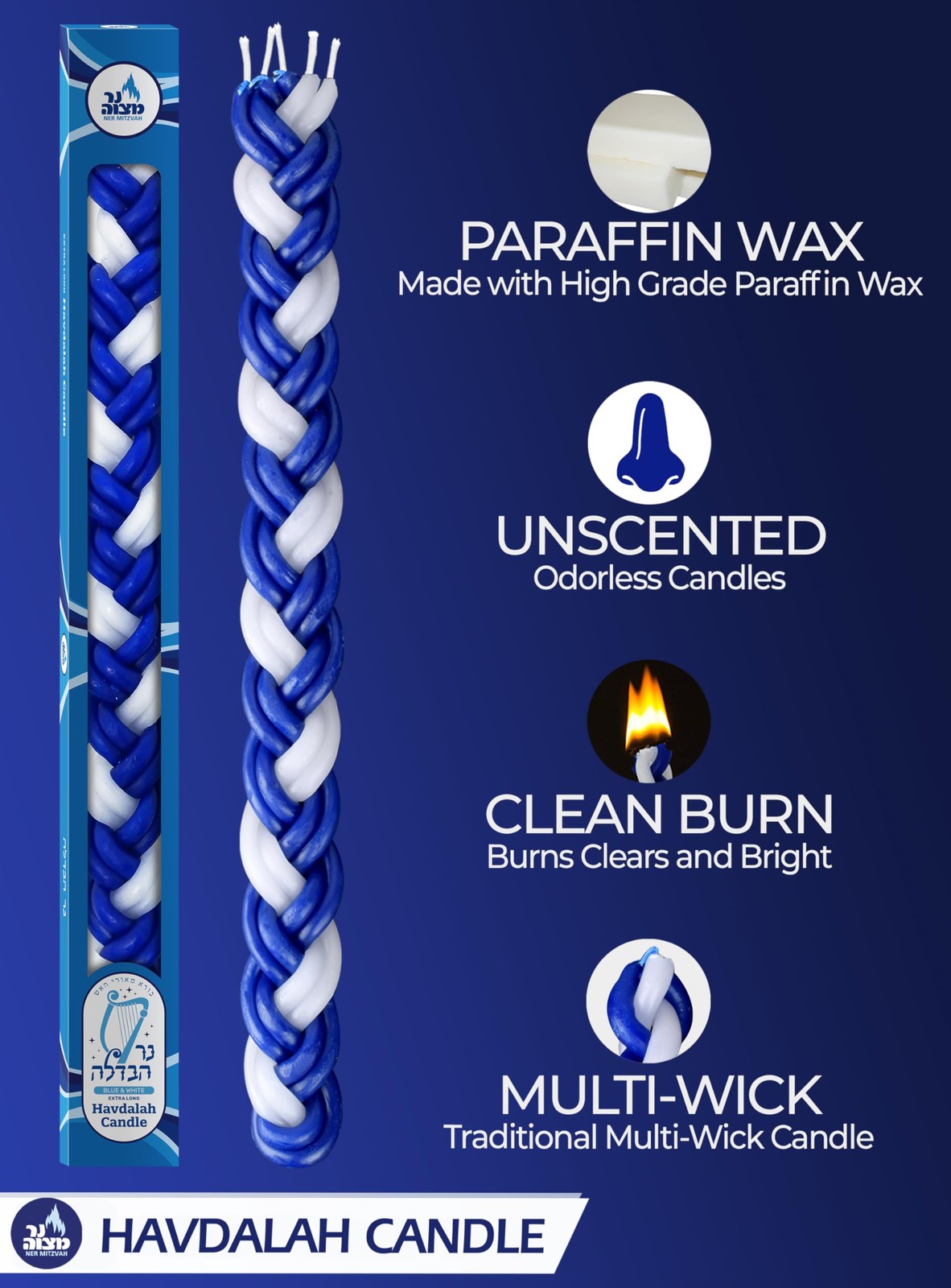 Large 15Inch Blue White Paraffin Wax Braided Handcrafted Havdalah Candle gallery