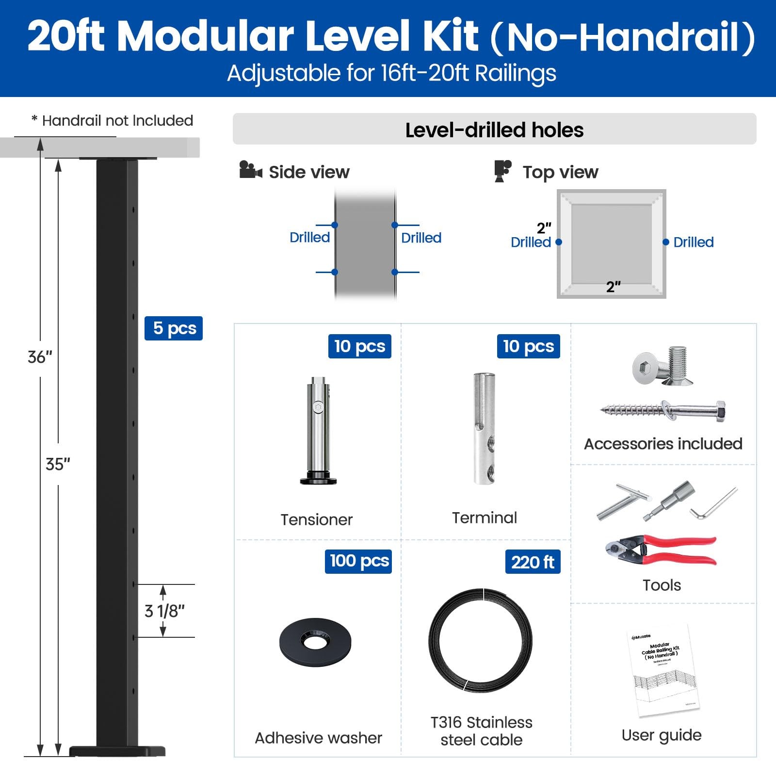 Muzata 16-20FT Modular Black Cable Railing Kit 36 Inch 5 Level Post 36" gallery