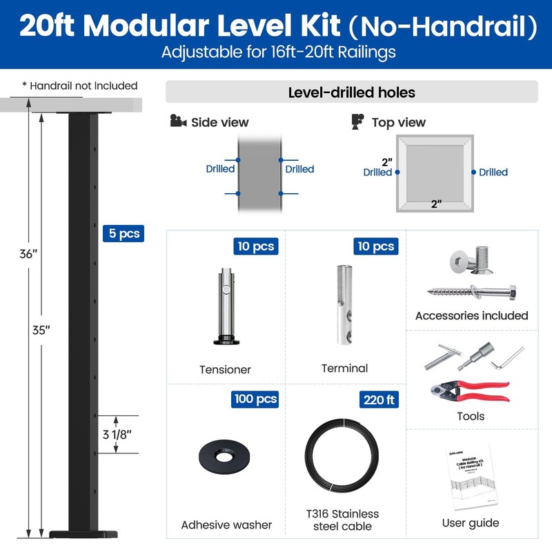 Muzata 16-20FT Modular Black Cable Railing Kit 36 Inch 5 Level Post 36" gallery