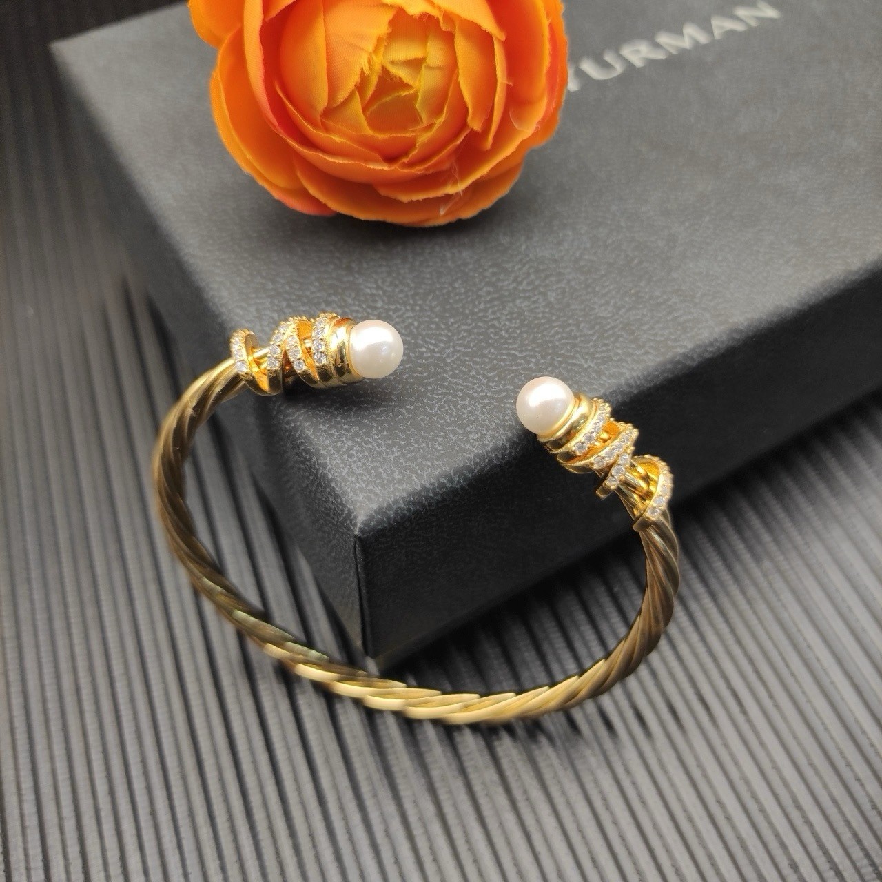 David Yurman 925 Yellow Gold Tone Cable Cuff Bracelet Pearl Ends Diamond gallery