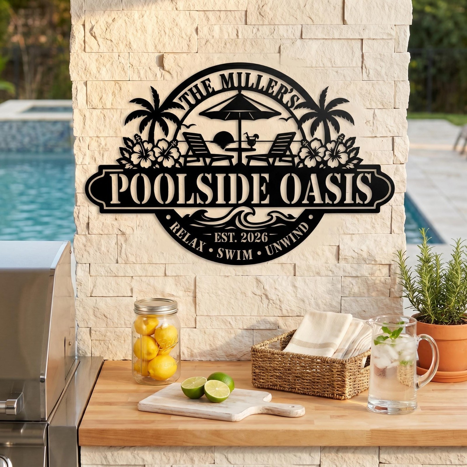 Custom Poolside Oasis Metal Wall Art, Personalized Backyard Pool Sign, Tropical gallery