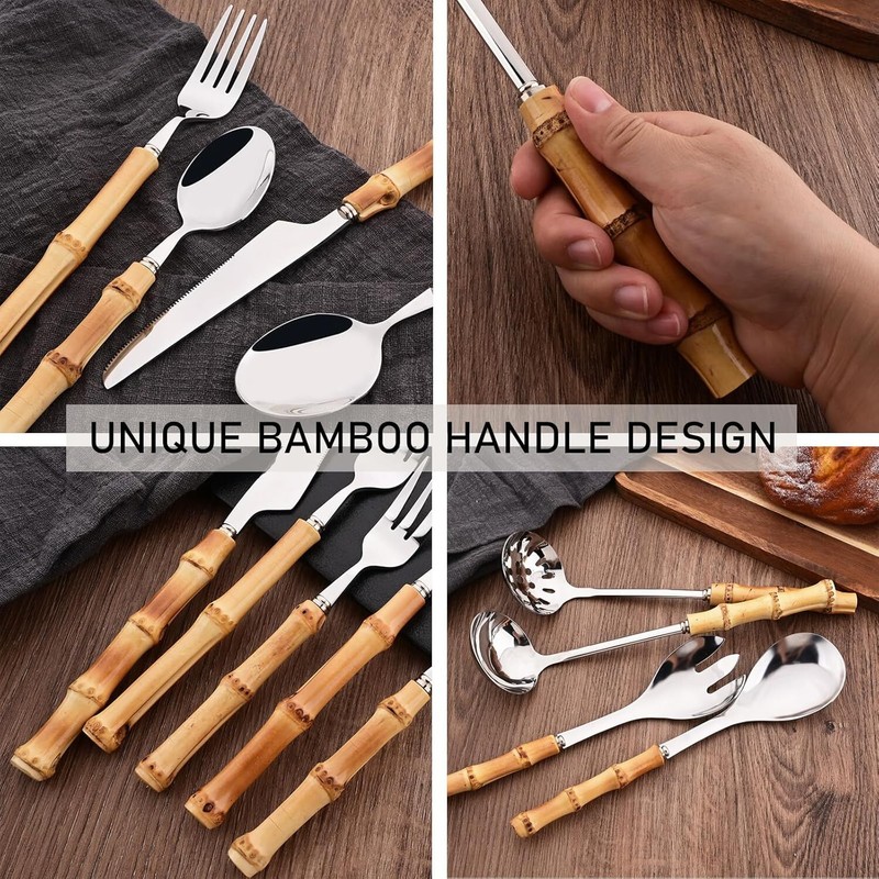 Bamboo Handle Silverware Set 30 Pcs Set for 6 Stainless Steel Flatware Set gallery