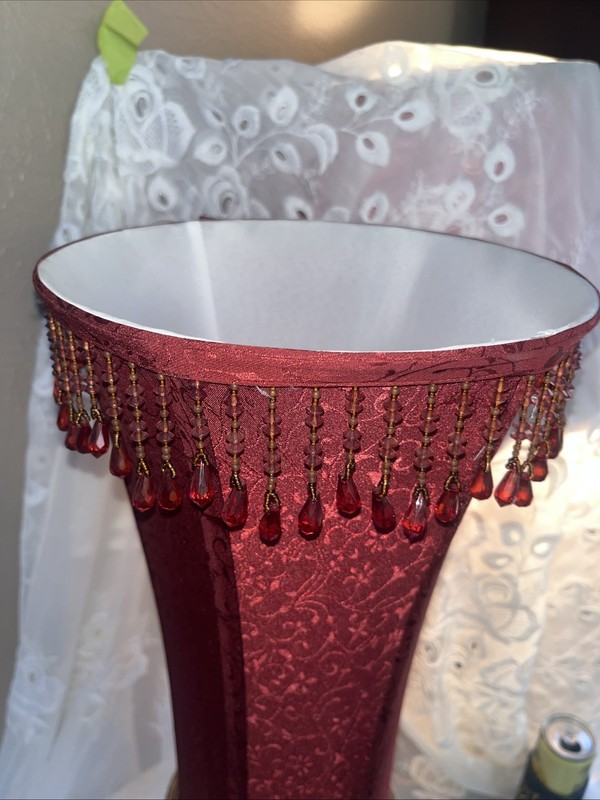 26” Bronze Plaster Base Table Lamp Light Maroon Fluted Beaded 10” Diameter Shade gallery