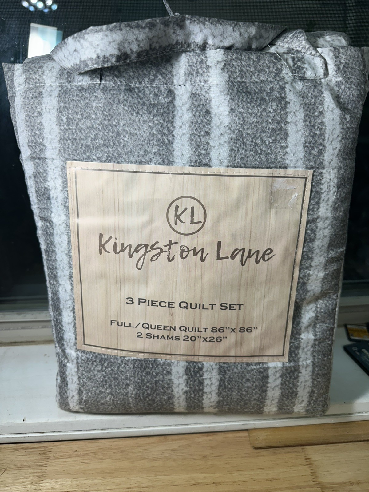 Kingston Lane 3 Piece Quilt Set Full/Queen 86"x 86" Gray & White stripe 2 Shams gallery