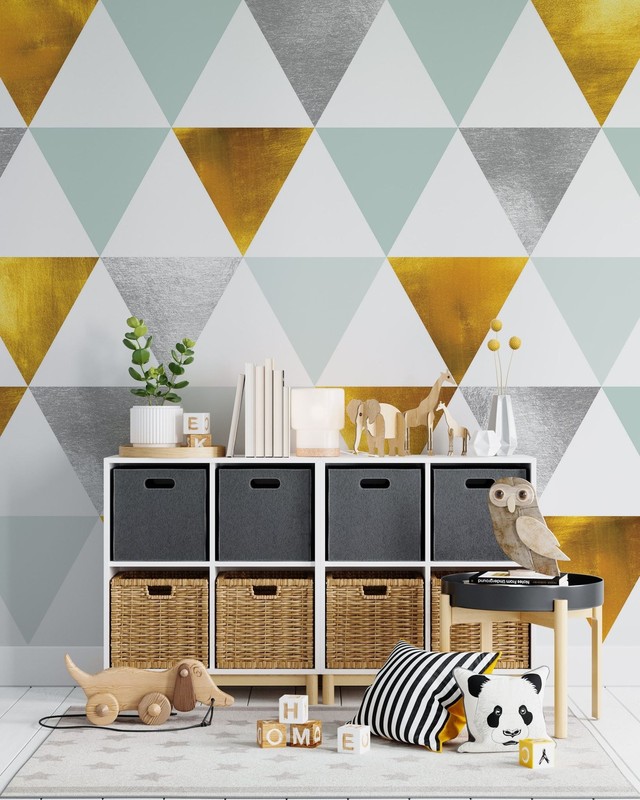 Triangle Geometric Abstract Pattern Wall Mural. Gold, Silver, Teal, Turquoise an gallery