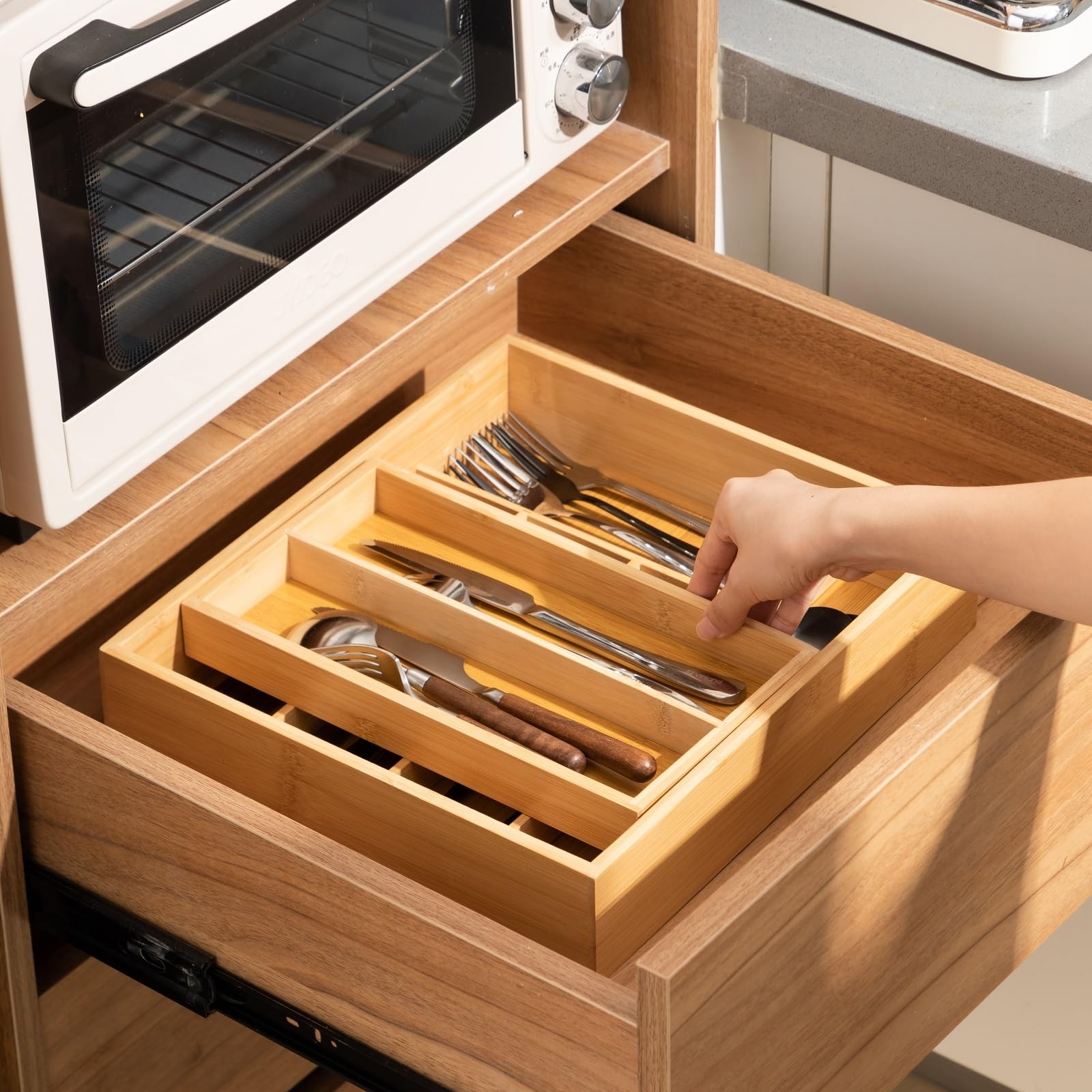 Fiwochic Double Bamboo Kitchen Drawer Organizer, 2-tier Utensil Deep Drawer... gallery