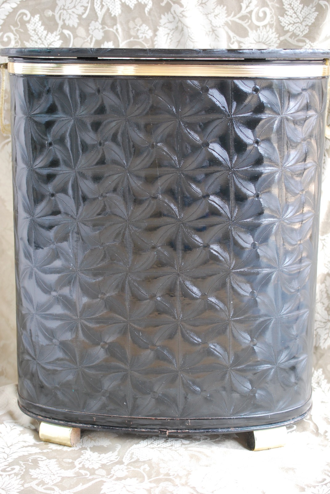 Vtg MCM Black Pearl-Wick Clothes Laundry Hamper Lucite Glittery Gold Handles gallery