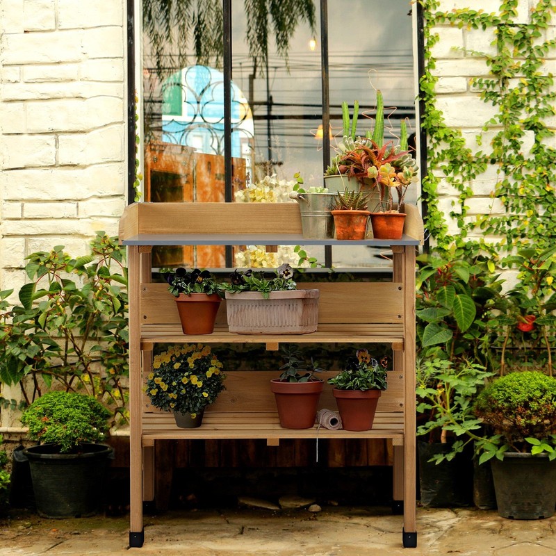 Potting Bench Table w/Metal Tabletop, Fir Wood Workstation w/3 Tier Shelves gallery