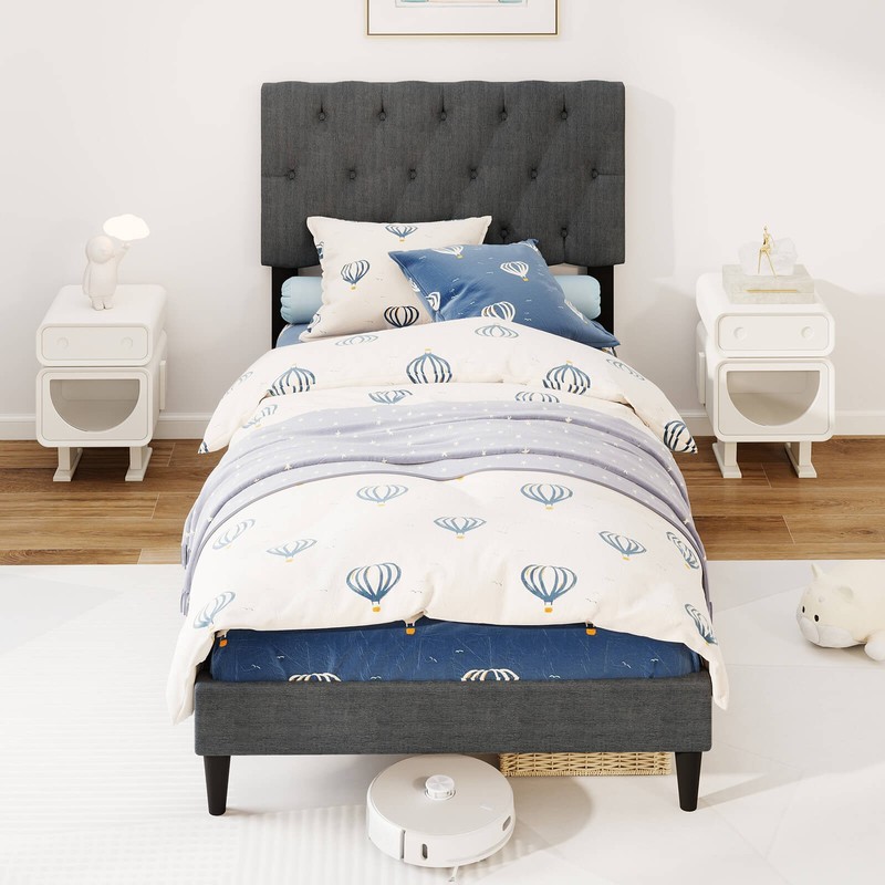 Twin Size Bed Frame with Button-Tufted Headboard & Wooden Slats Easy Assembly gallery