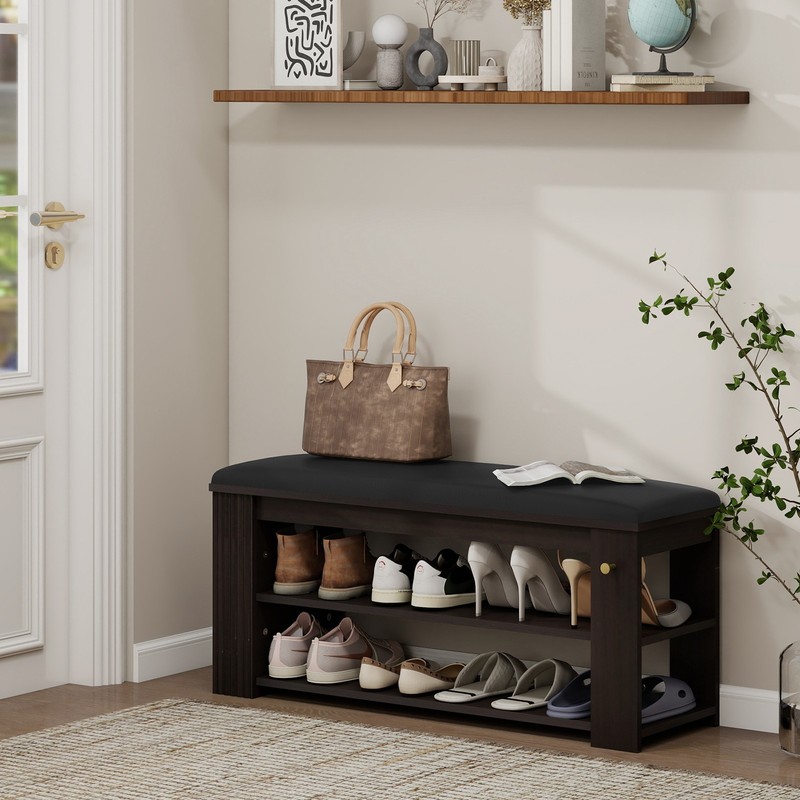 Entryway Bench with Storage and Hooks - PU Leather Ottoman Shoe Rack for Hallway gallery