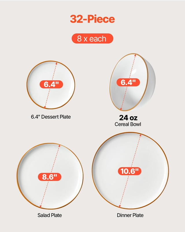 Dinnerware Set, Service for 8 (32 PCS), round Plates and Bowls Sets, Scratch Res gallery