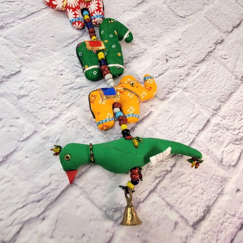 India Folk Art Handmade Hanging Animals Fabric w/ Beads and Bell 34" Long LNC gallery