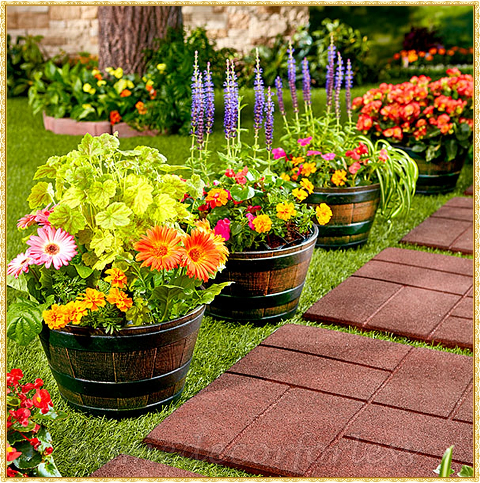 Set of 4 Whiskey Barrel Planter Rustic Wood Look Patio Lawn Garden Outdoor Decor gallery