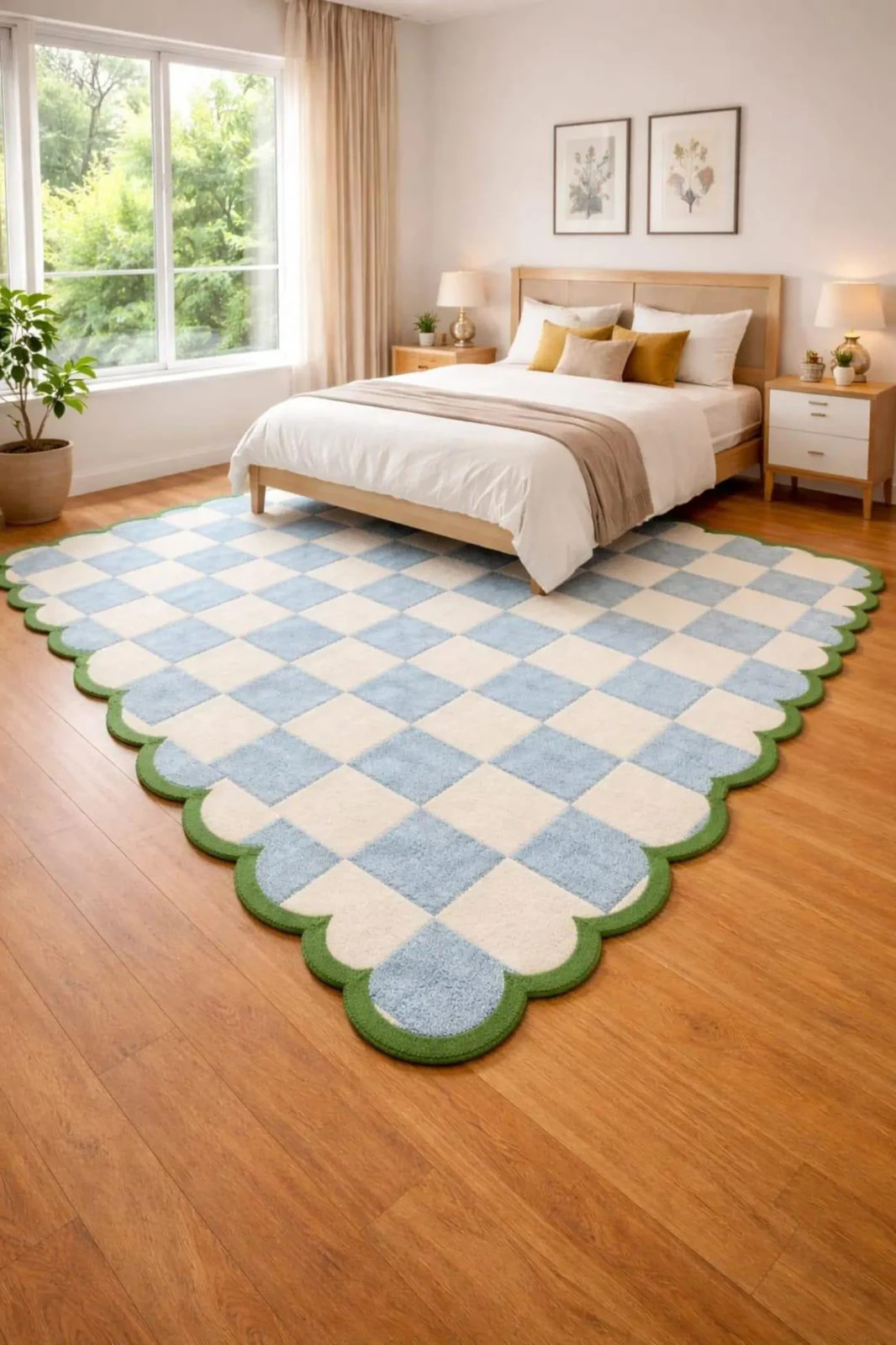 Hand Tufted Wool Area Rug Checkerboard Blue Cream Green Scalloped Border Carpet gallery