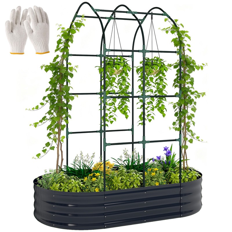 5 x 3 x 6ft Galvanised Raised Garden Bed with Arched Trellis, Dark Gray gallery