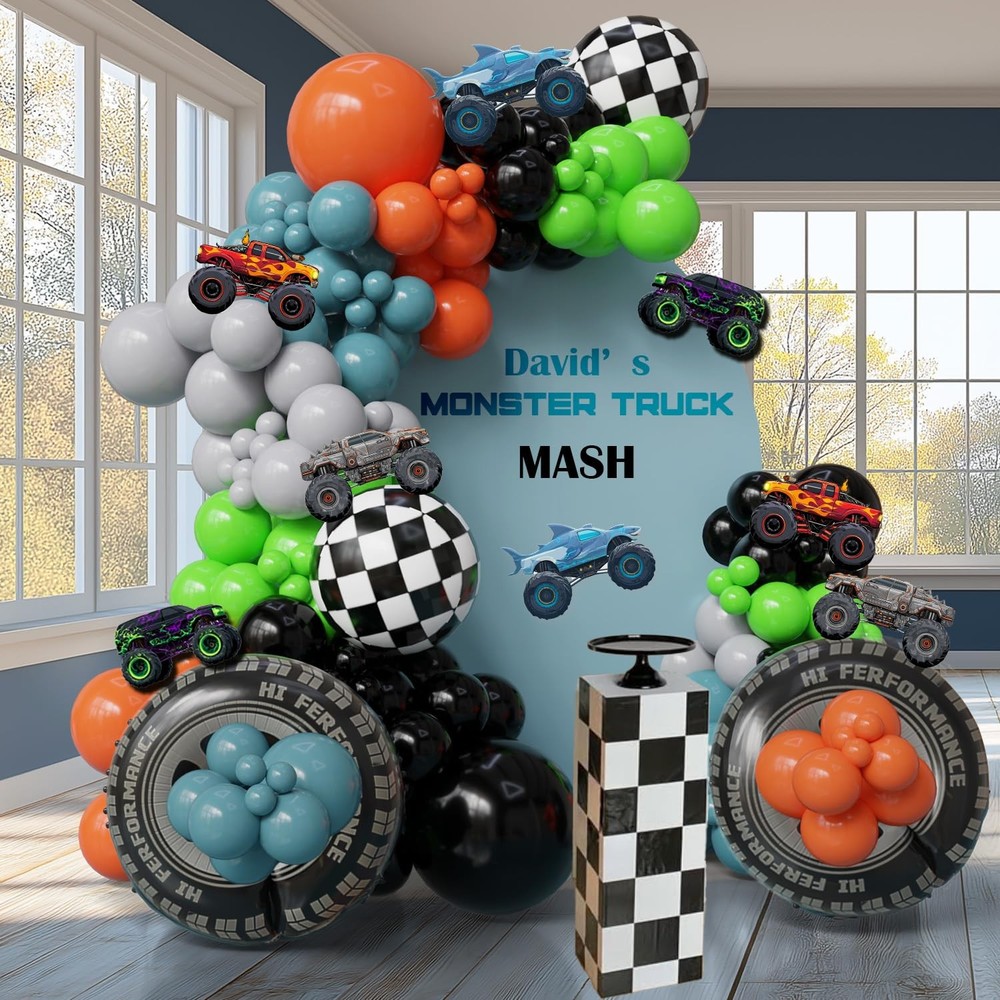132PCS Monster Truck Decorations for Boys – Blue Gray Orange Green Balloon Ar...