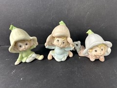 Homco Pixie Elves Garden Fairies Tulip Hat Whimsical Ceramic Figurines Set of 3