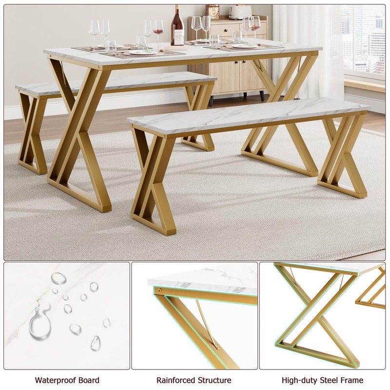 Dining Table Bench Set for 4, Kitchen Table Set With 2 Benches, Rectangular D... gallery
