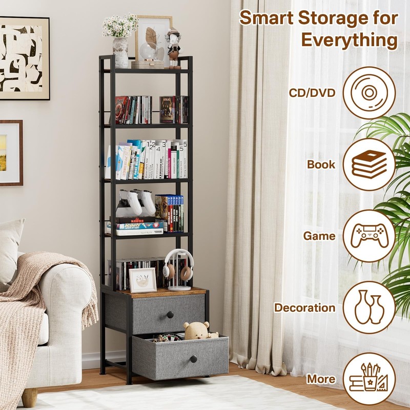 5-Tier CD/DVD Storage Rack with Drawer, Adjustable Media Organizer Shelf for Boo gallery