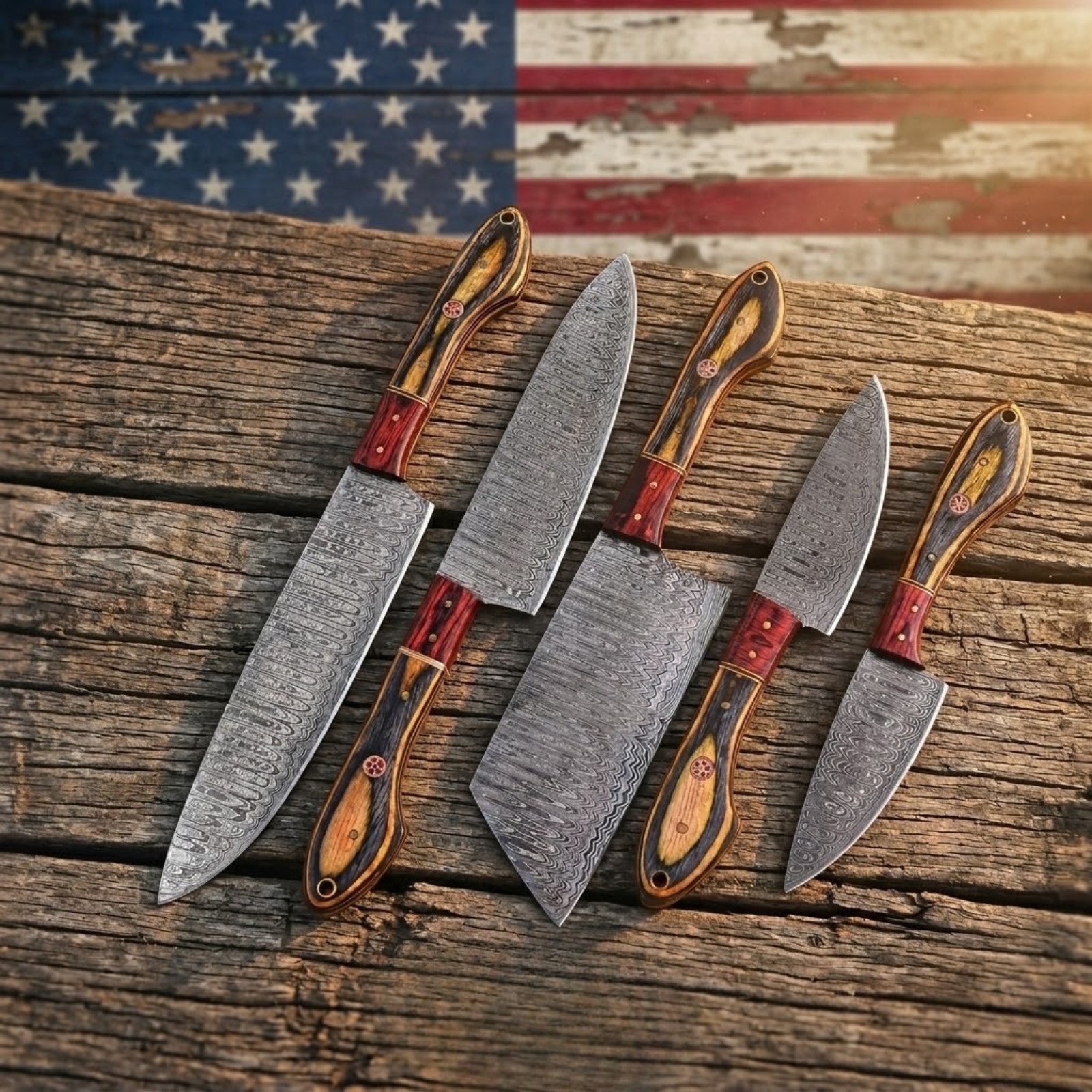 Handmade Damascus Steel Kitchen Knife Set Custom Burl Wood Handles Shard Series gallery