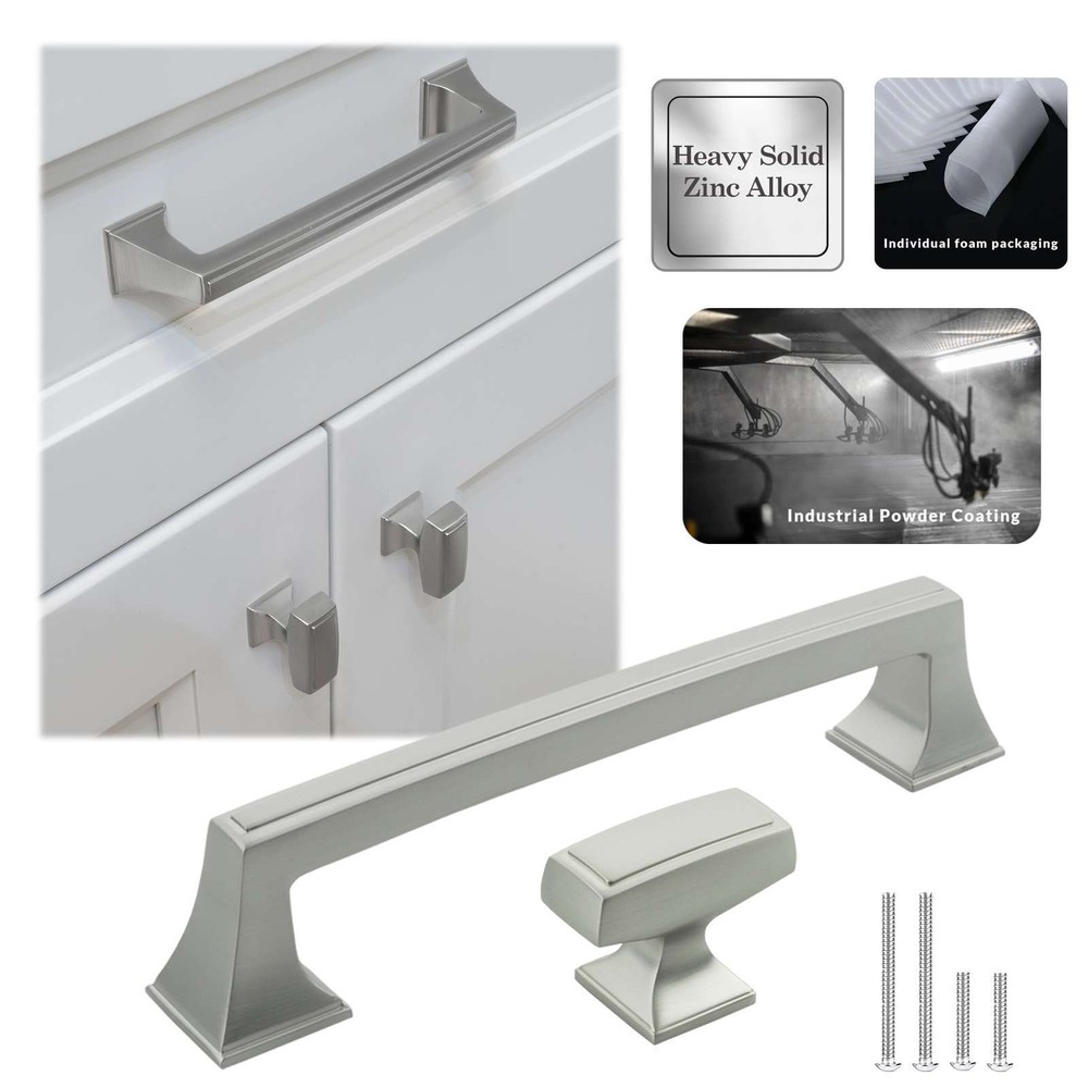 Solid Brushed Nickel Square Cabinet Pulls Knobs Handles Kitchen Bathroom Drawers