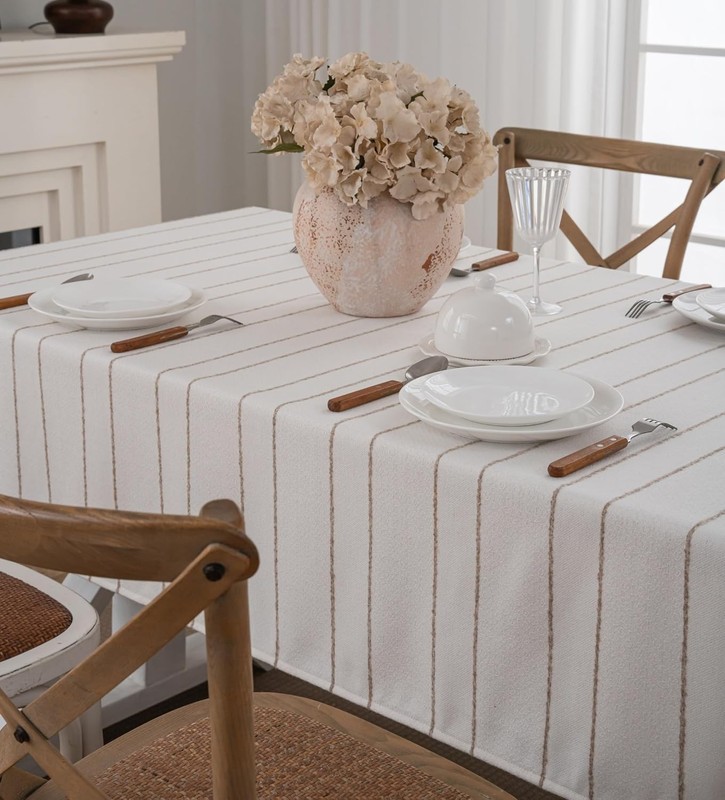 White Rectangle Tablecloth 55x70 Inch, Cotton Linen Polyester Blend Stripes gallery