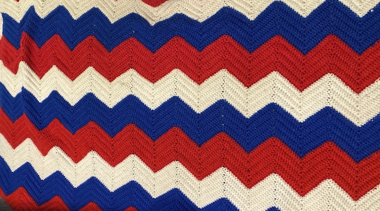 Hand Crocheted Blanket Afghan Throw Red White Blue 70x47 Vintage gallery