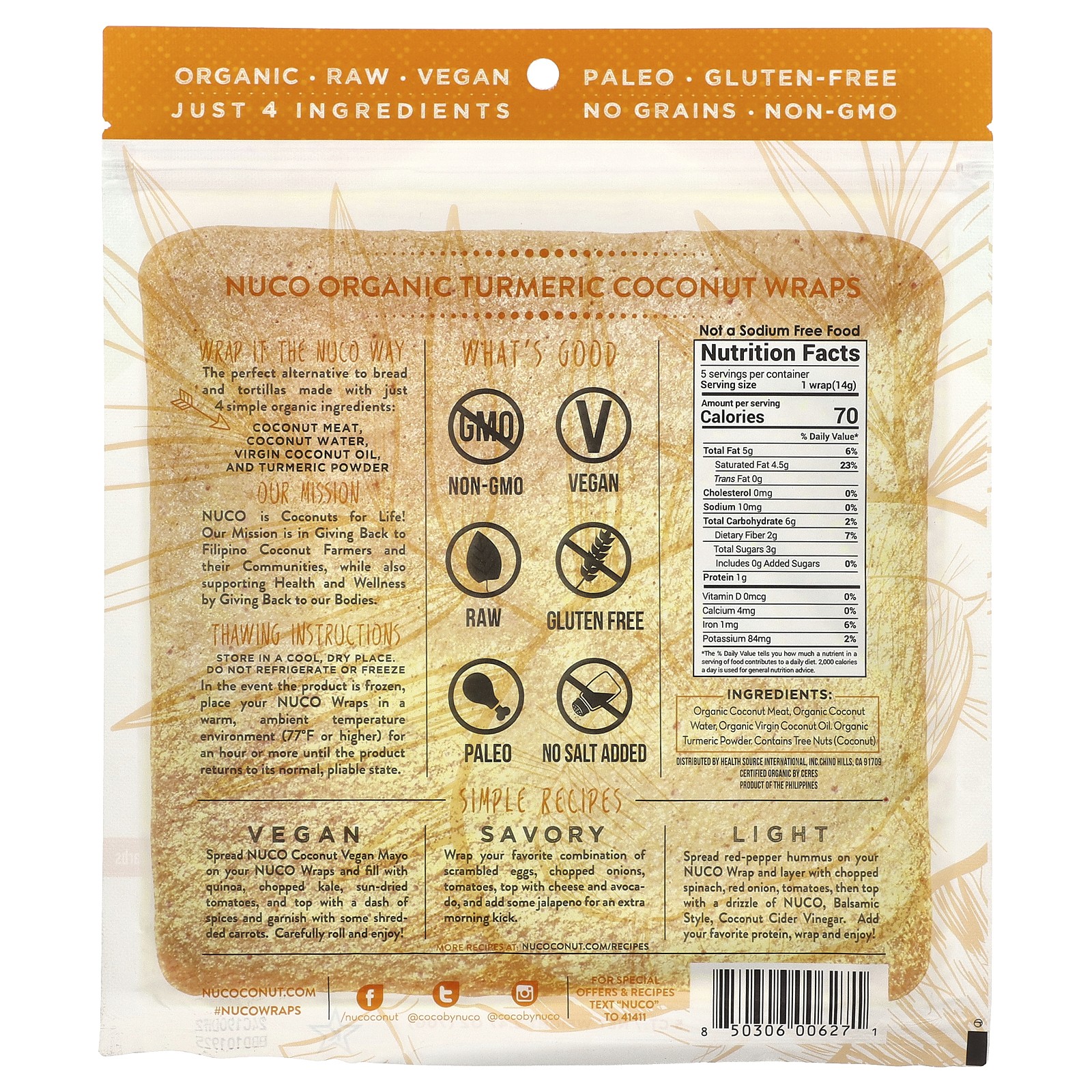 Organic Coconut Wraps, Turmeric, 5 Wraps (14 g) Each gallery