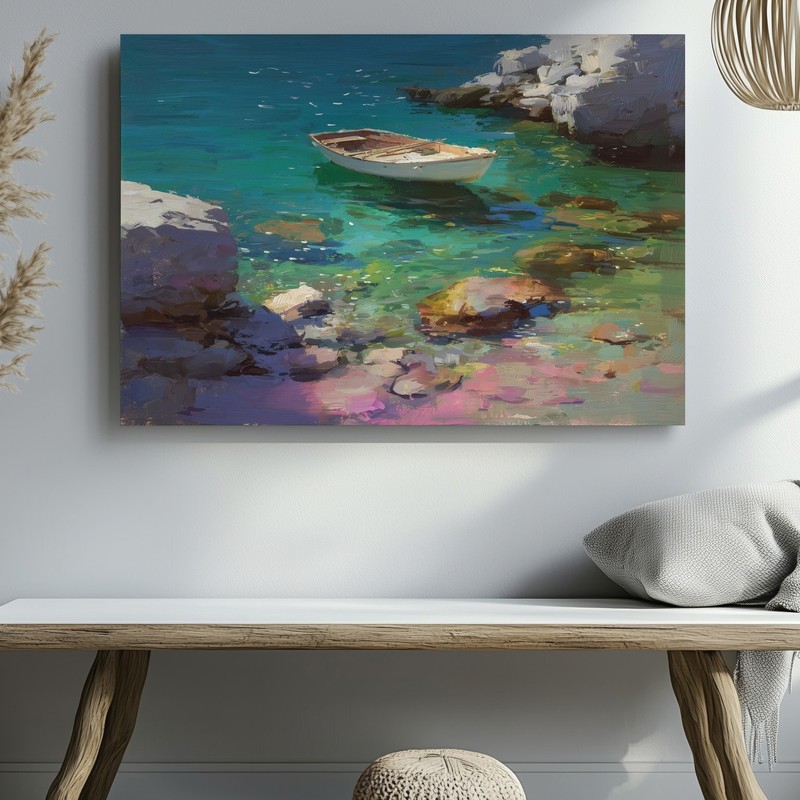 Coastal Canvas Wall Art Featuring Small Boat Floating on Clear Rocky Waters gallery
