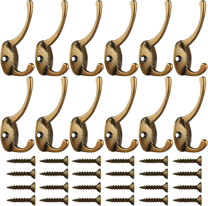 12 Pack Antique Brass Coat Hooks Wall Mounted with 24 Screws Retro Double Hooks gallery