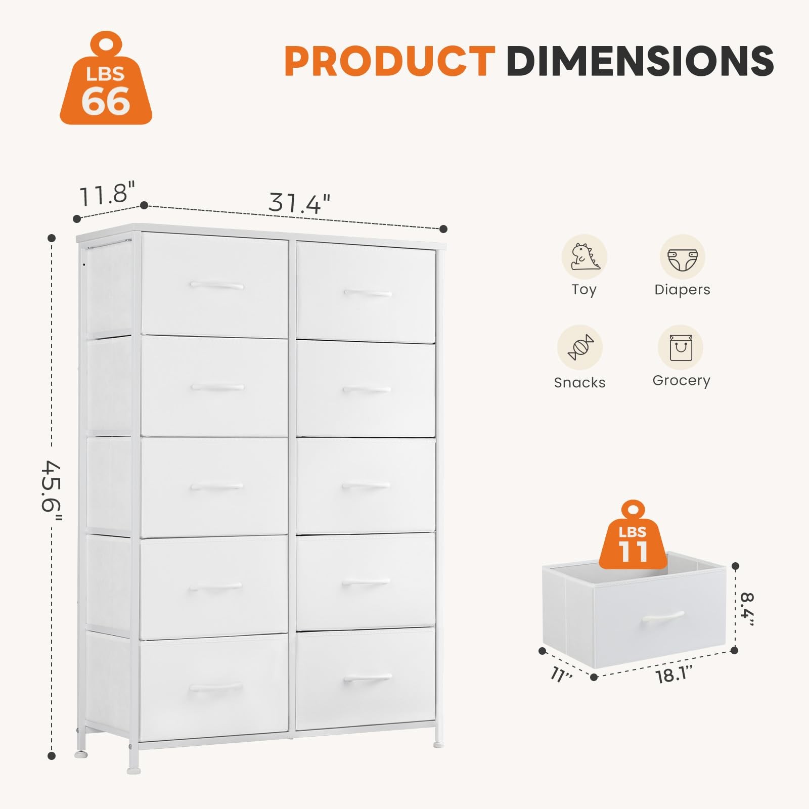 10 Drawer Fabric Dresser Storage Tower with Bins, Tall Chest Organizer for Be... gallery