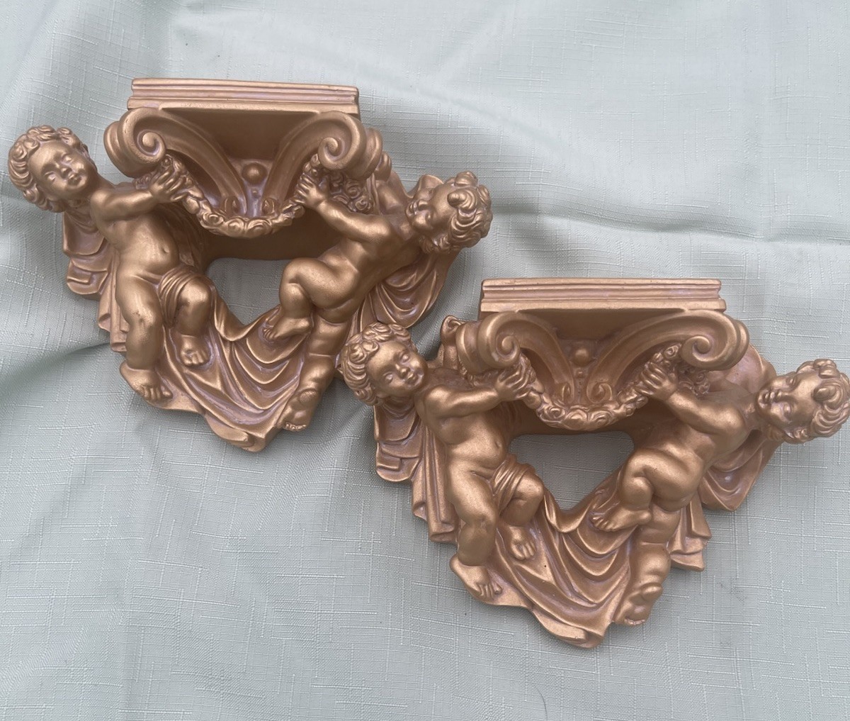 Vintage “The Imperial Collection” Gold Cherub Wall Sconce Floating Shelves Set gallery