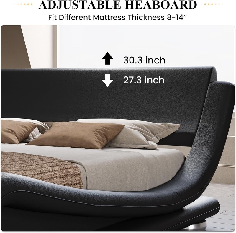 SHA CERLIN Queen Size Upholstered Bed Frame, Deluxe Low Profile Sleigh Bed with gallery