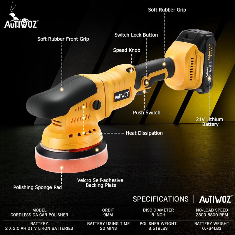 Cordless Car Buffer Polisher, 2x2000mAh 21V Batteries 5 Inch Random Orbital P... gallery