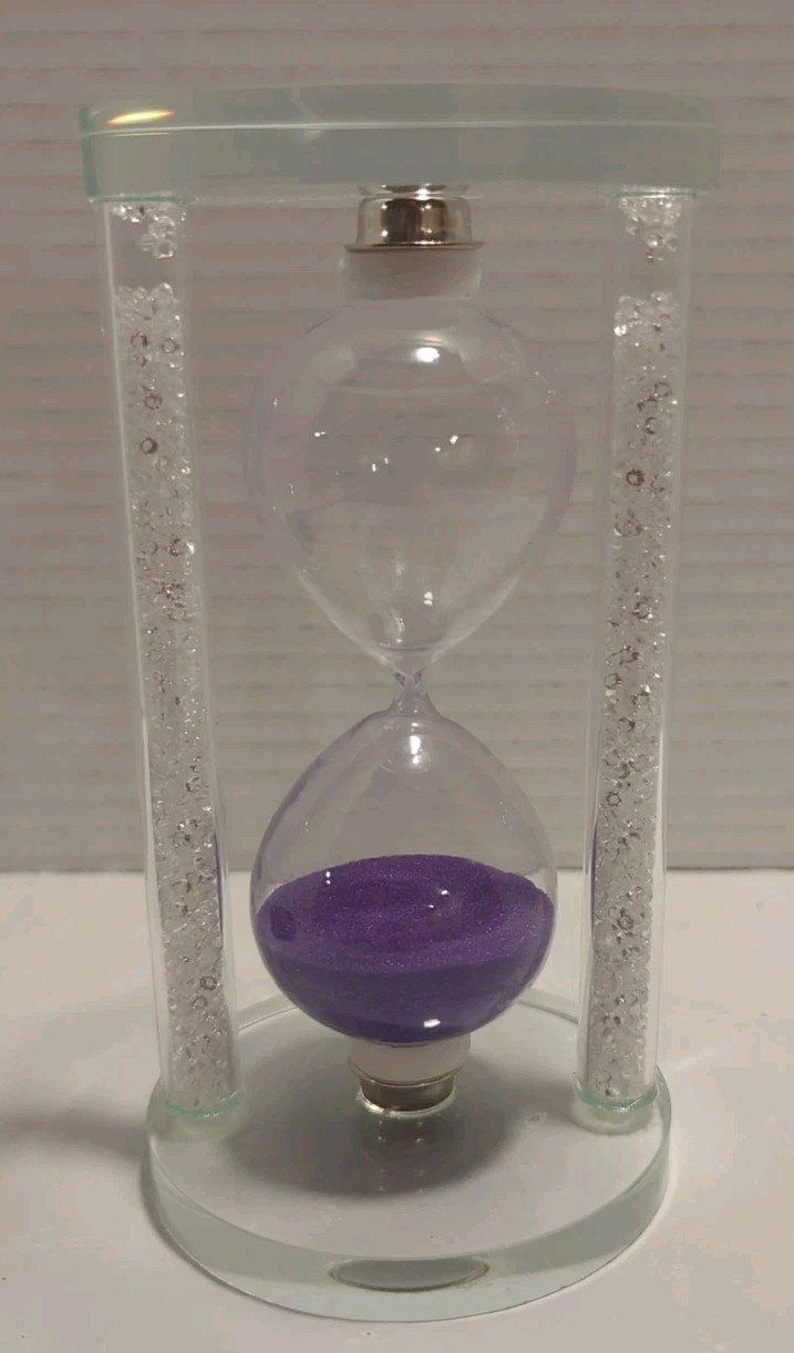 Hourglass Sand Timer 3 1/2 Minutes Purple Sand Clear Pillar Crystals READ gallery