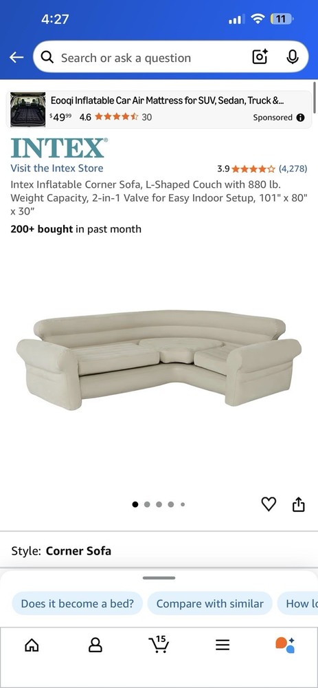Intex Inflatable Corner Sofa L-Shaped Couch, Beige 101 x 80 x 30 in