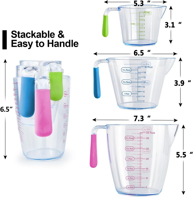 3 transparent plastic liquid measuring cups with dual ounce and milliliter gallery