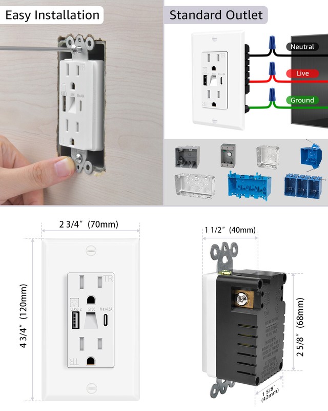 2-Pack LED Night Light Outlets, 24W USB C+A, 4.8A, Fast Charging, On/Off Switch gallery