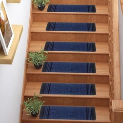 Custom Size Low Profile Loop Pile Navy Bordered Black Stair Treads By Inches