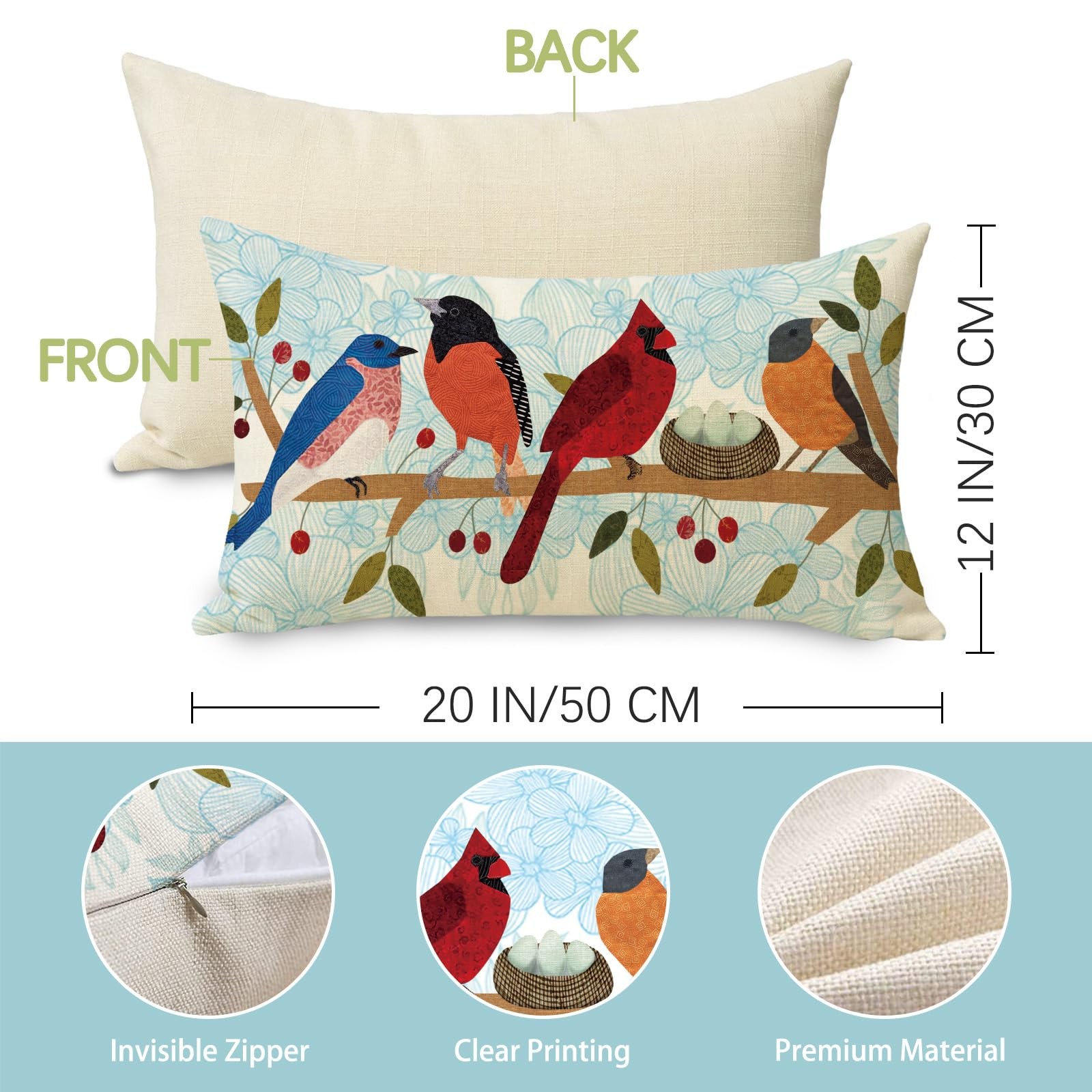 Spring Summer Birds Lumbar Decorative Throw Pillow Cover 12 x 20 Blue gallery