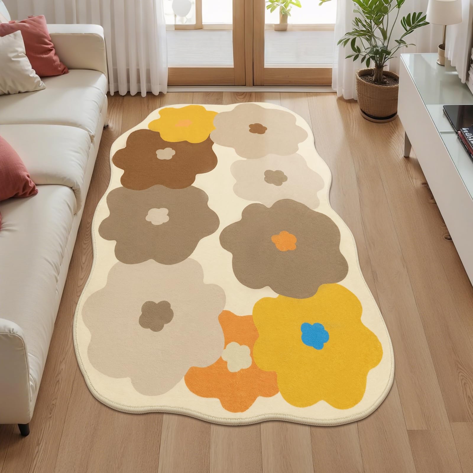 Floral Cute Rug 3x5 Irregular Scalloped Rug Beige Flower Shaped Indoor Mat Be... gallery