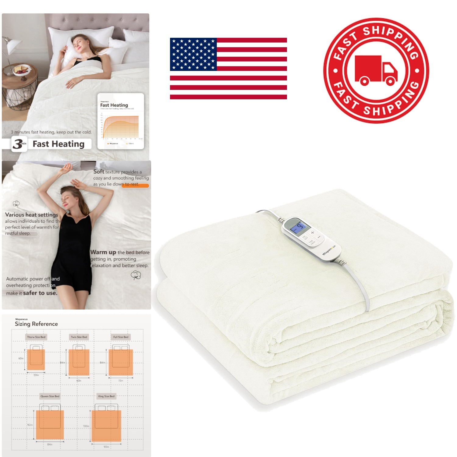 Fast Heating Electric Blanket 72x84 Inches Ivory Skin Friendly Flannel Material gallery