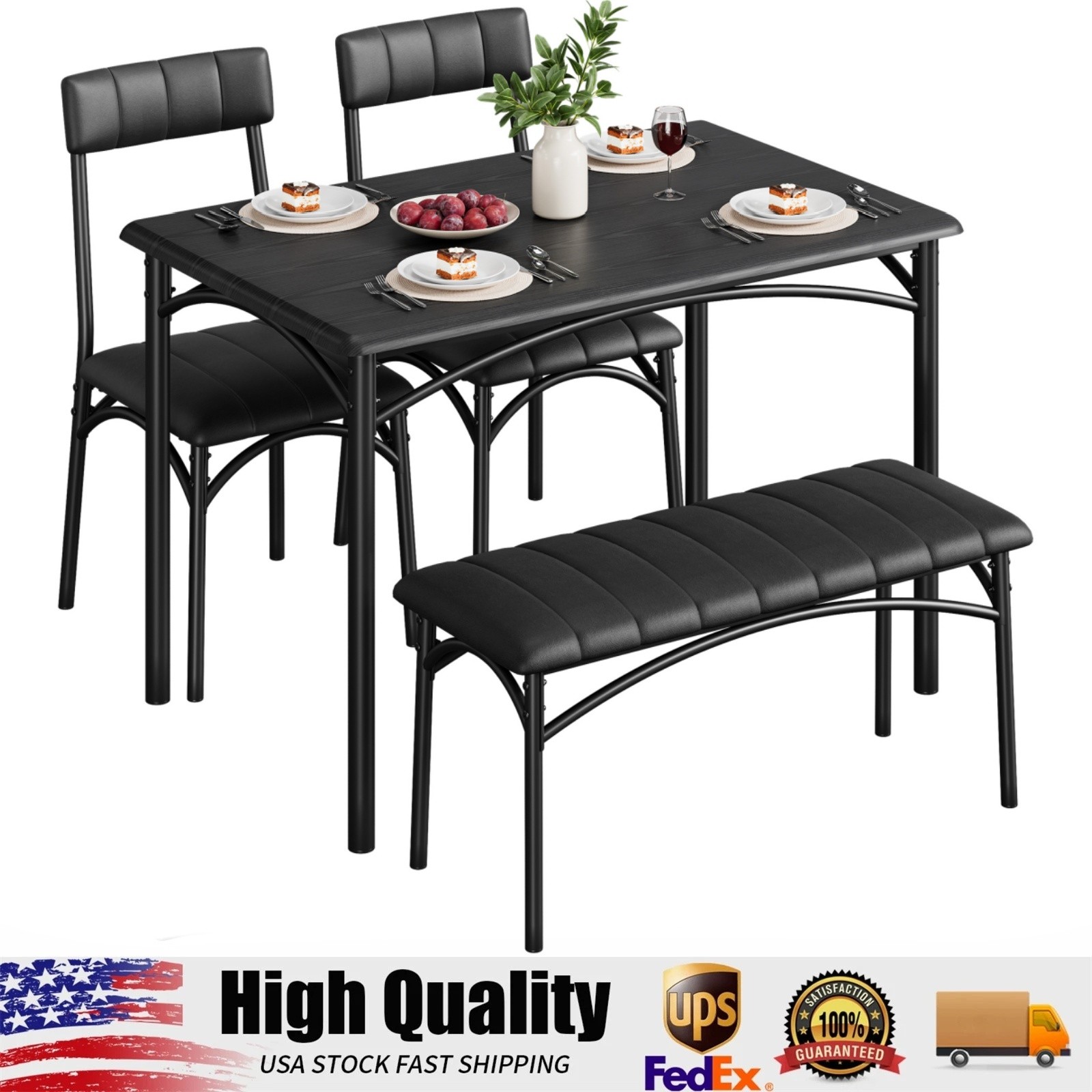 Dining Table Set for 4, Wood Kitchen Table with Upholstered Chairs and Bench gallery