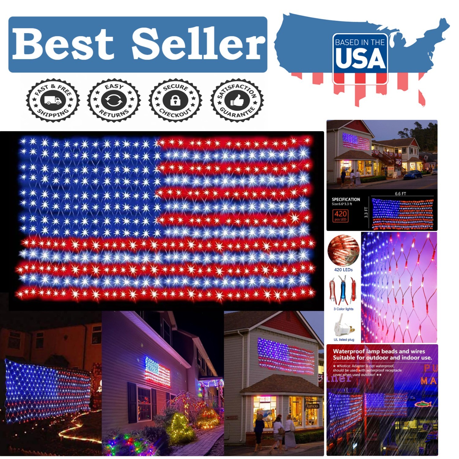 (New) American Flag Lights, 420 LED USA Flag Net Lights, Outdoor Waterproof Patr gallery