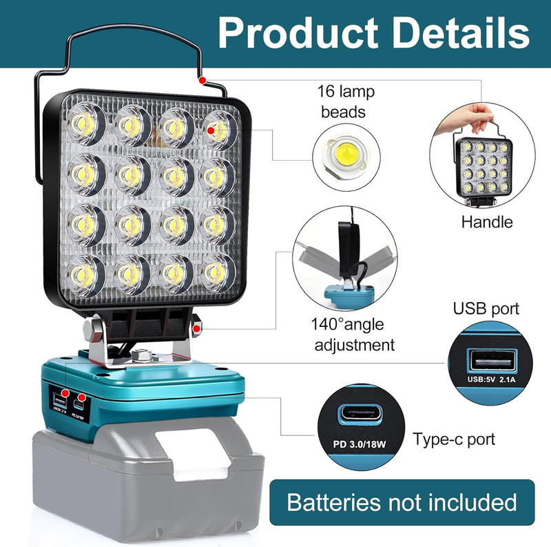 Cordless LED Work Light Compatible with Makita 18V Battery, 48W 3400LM Portable gallery