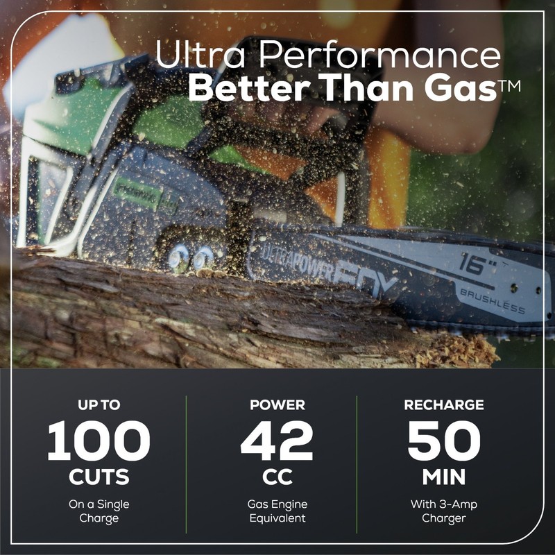Greenworks 60V 16 inch Chainsaw 2000W Brushless w/ 2.5Ah Battery and 3A Charger gallery