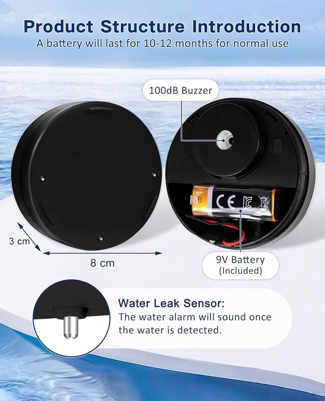 Compact 100dB Water Leak Detector Alarms - 4 Pack for Home & Basement Protection gallery