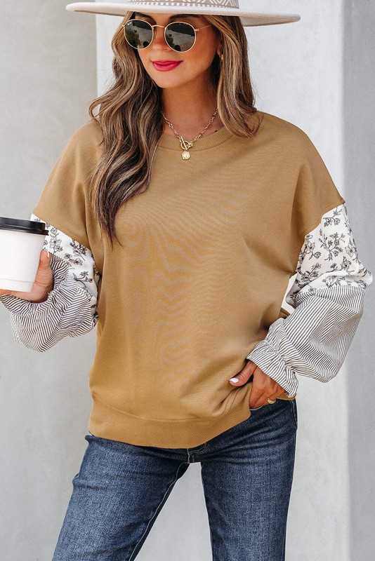 Camel Floral Striped Patchwork Ruffled Sleeve Crew Neck Sweatshirt gallery
